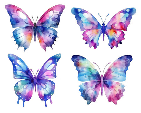 Set with colored watercolor butterflies isolated on transparent background