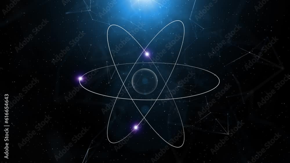 Poster loop animation of a atom on digital dark blue background. seamless looping animation.