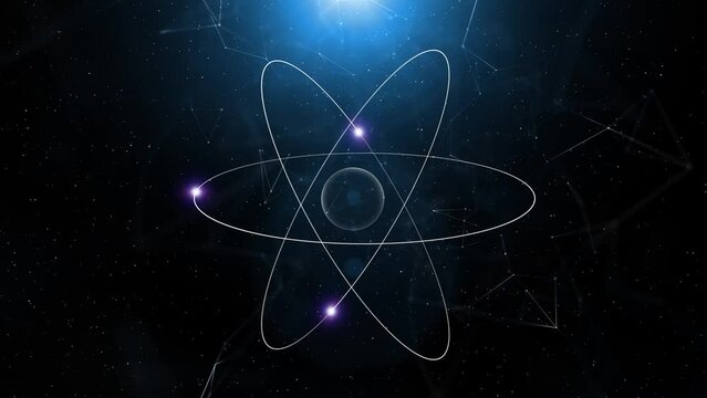Loop animation of a atom on digital dark blue background. Seamless looping animation.