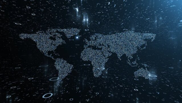 Digital world map cyberspace with binary numbers loop animation. Concept worldwide technology. Seamless looping.