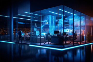 photo futuristic office illuminated by blue lighting equipment at night generated by ai.generative ai