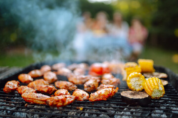 Assorted delicious grilled meat with barbecue grilled vegetables. Сompany of people gathered for barbecue in summer garden. Summer, party, adventure, youth, frienship concept - obrazy, fototapety, plakaty