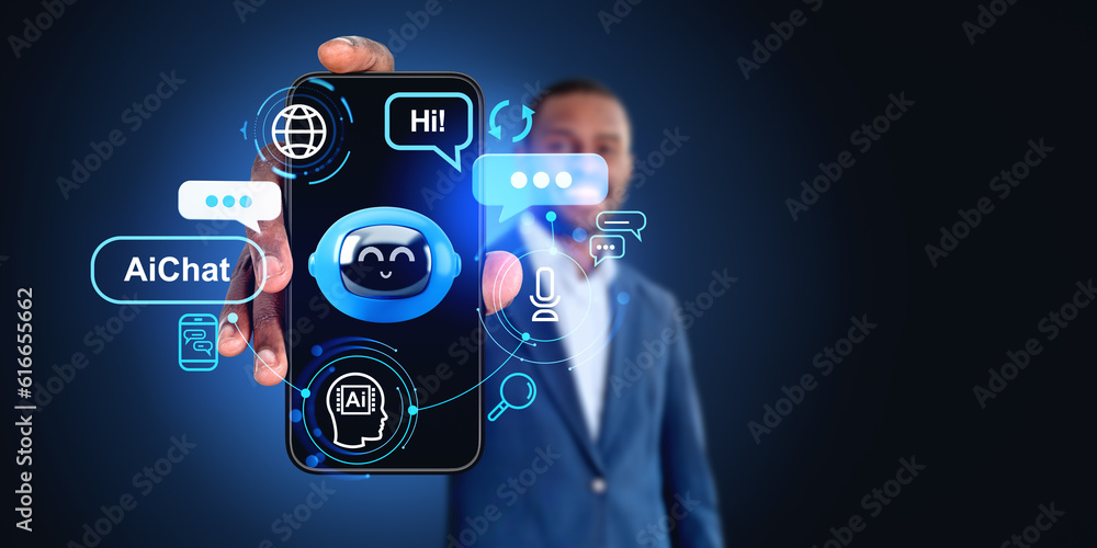 Aufkleber african man showing ai chat bot, robot communication and phone display