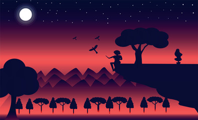 Mountain dark night sky landscape with full moon and stars, man and bird.