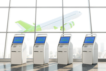 Airport self service check in kiosks and airplane