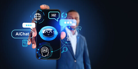 African man showing AI chat bot, robot communication and phone display