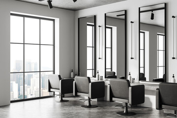 White barbershop interior with client chairs and mirrors