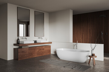 Fototapeta na wymiar Modern bathroom interior with sink, bathtub and douche behind partition