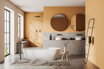 Orange bathroom interior with tub, double sink and shower