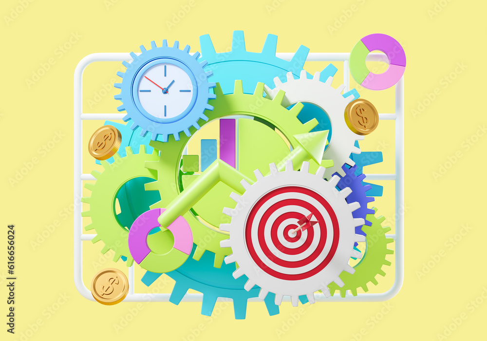 Poster bright gears rotating with time and dartboard, work process and achievement