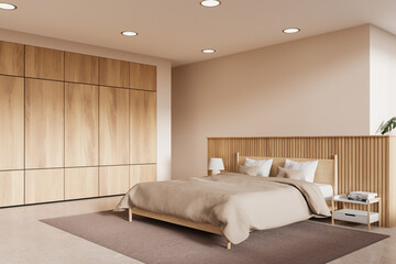 Beige and wooden bedroom corner with wardrobe