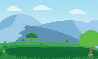 Rural landscape with a beautiful view of distant fields and hills. Raster illustration.