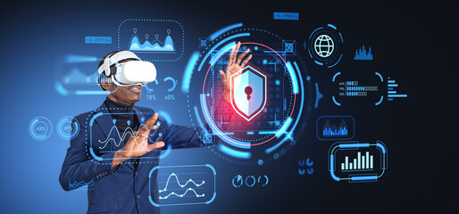 Black man in vr glasses, digital cybersecurity with big business