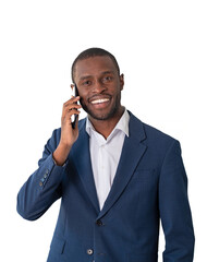 African businessman talking on the phone, isolated over white background