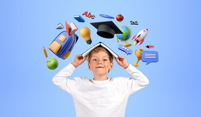 Smiling boy with book on head, diverse education icons on blue background