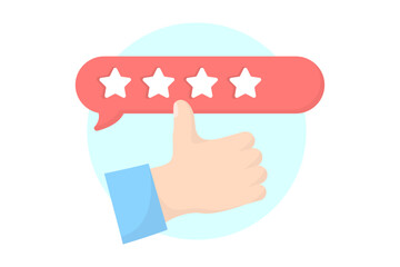 Thumbs up hand and four star rating. Shopping flat style icons in red and blue colors