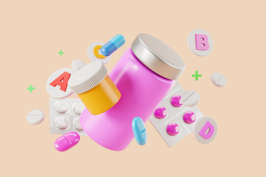 Medical empty bottles with pills and vitamins flying, health treatment