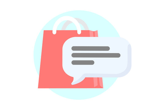 Red shopping bag and light grey cloud of text or positive review. Shopping flat style icons in red and blue colors