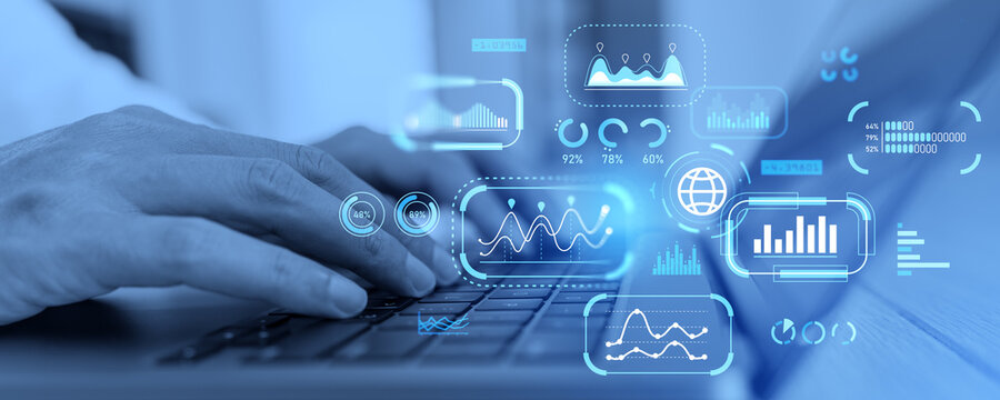 Man hands typing on laptop, digital dashboard