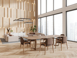 White and wooden dining room and living room interior