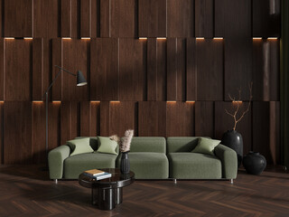 Dark wooden living room interior with sofa and table