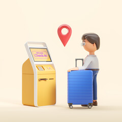 3d rendering. Cartoon man and self-service check-in terminal with luggage