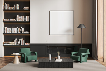 Cozy chill room interior armchairs and shelf with library. Mock up frame