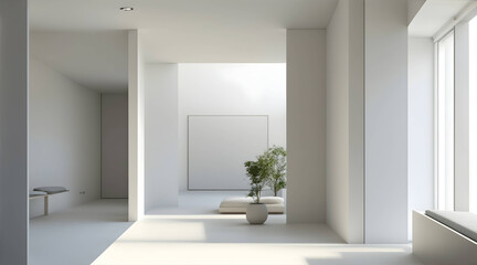 Fototapeta na wymiar Contemporary luxury home interior with sparse decor, large windows, and elegant design.