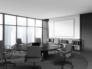 Business meeting room interior with armchairs and table, window and mockup frame