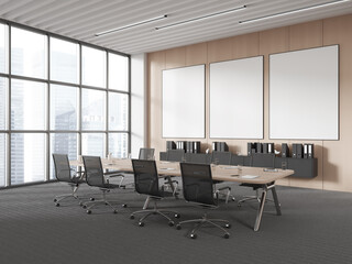 Minimalist meeting room interior with chairs and table, window and mockup frames