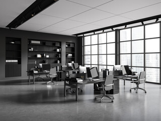 Grey coworking interior with pc computer in row, panoramic window