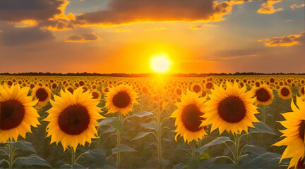 Obraz premium Golden sunflowers under dramatic sky, a serene rural scene with no people.