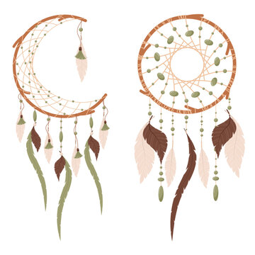 Dream Catcher. Vector illustration of a dream catcher with feathers and beads in boho style.