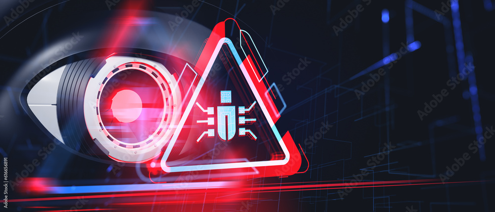 Poster big robot eye detecting a bug virus in the system