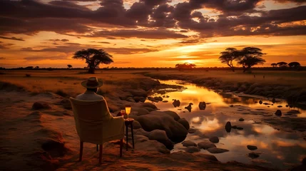 Foto op Aluminium Tourists enjoying the lanscape at sunset after safari excurison in the African savannah . Generative AI © vasanty