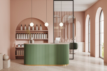 Reception counter in pink beauty salon interior - obrazy, fototapety, plakaty