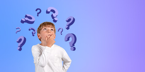 Little boy with hand on chin and question marks