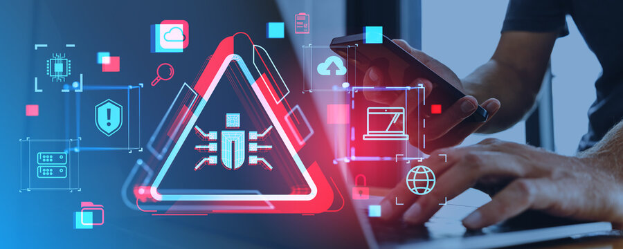 Man hands with laptop and smartphone with bug and virus alert icons