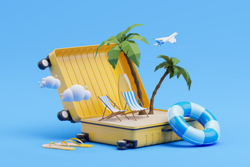 Opened suitcase with summer chairs, surfboards and palms, vacation and holiday © ImageFlow