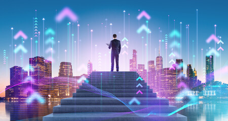 Businessman on the top of stairs, New York skyline and rising arrows, smart city