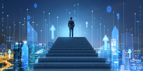 Man on staircase looking at night wireframe city