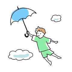 傘を持って飛んでいく子どもの線画イラスト