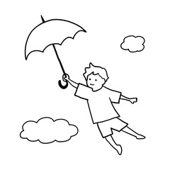 傘を持って飛んでいく子どもの線画イラスト　白黒