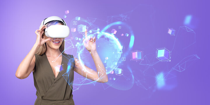 Woman in VR glasses working with planet interface in metaverse
