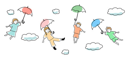 傘を持って飛んでいく子ども達の線画イラスト　パステルカラー