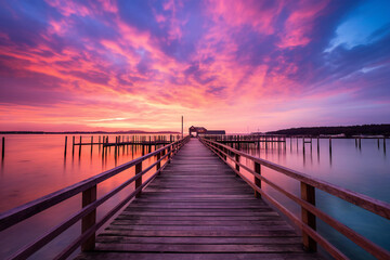 Fototapeta na wymiar Pier boardwalk at sunset, beautiful scenery