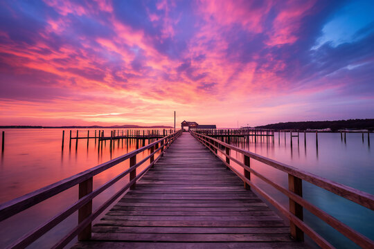 Pier boardwalk at sunset, beautiful scenery © PHdJ