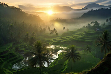 Fototapeta na wymiar sunrise in the mountains with rice fields