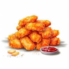 Fast food fried chicken nuggets on white background. (Illustration, Generative AI)
