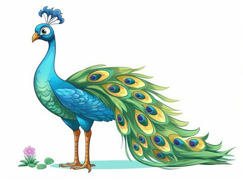 Peacock in Cartoon Style on white background - generative AI